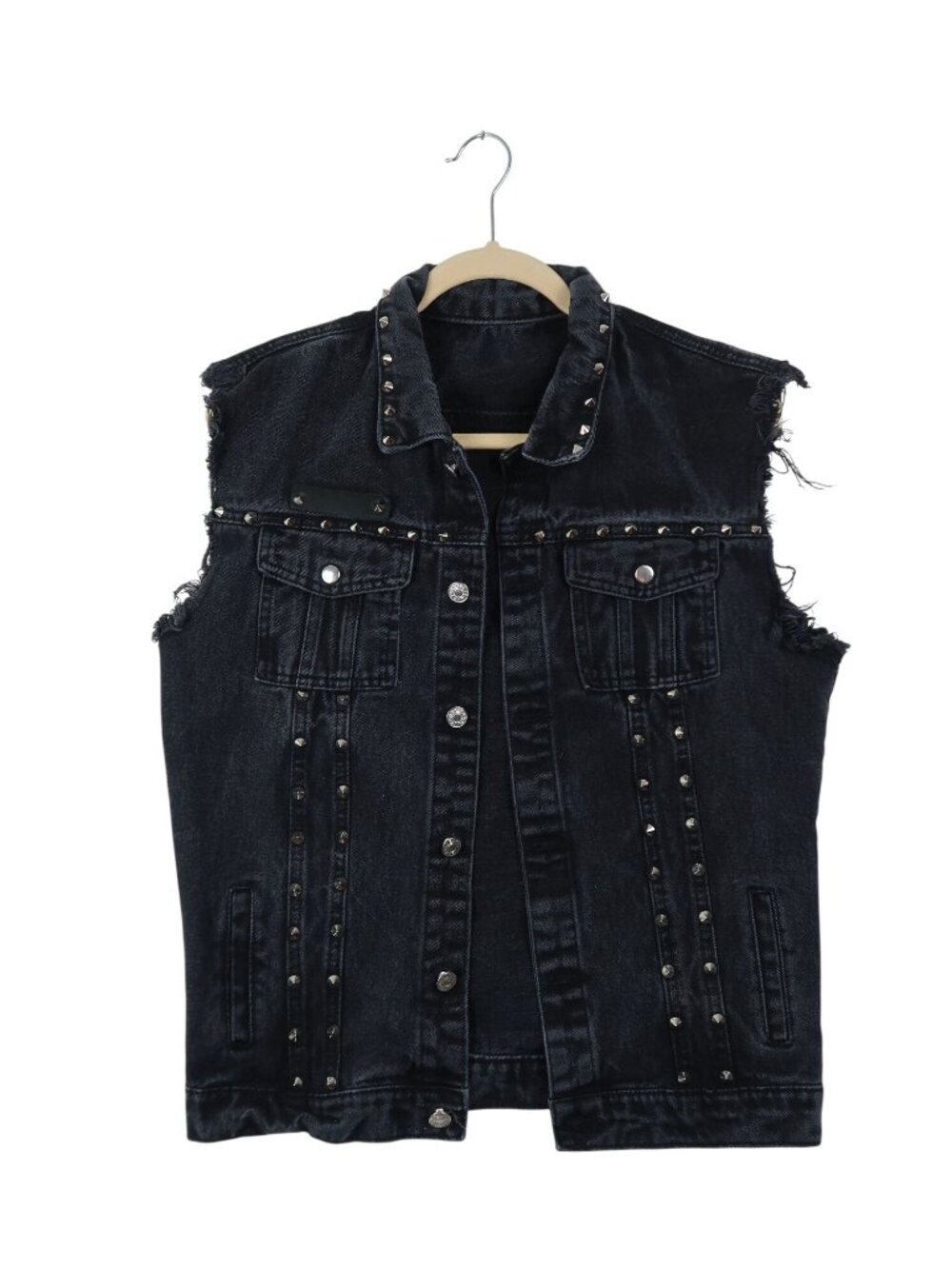 M Black Denim Sleeveless Battle Vest W/ Studs Frayed Details Button Closure Rock